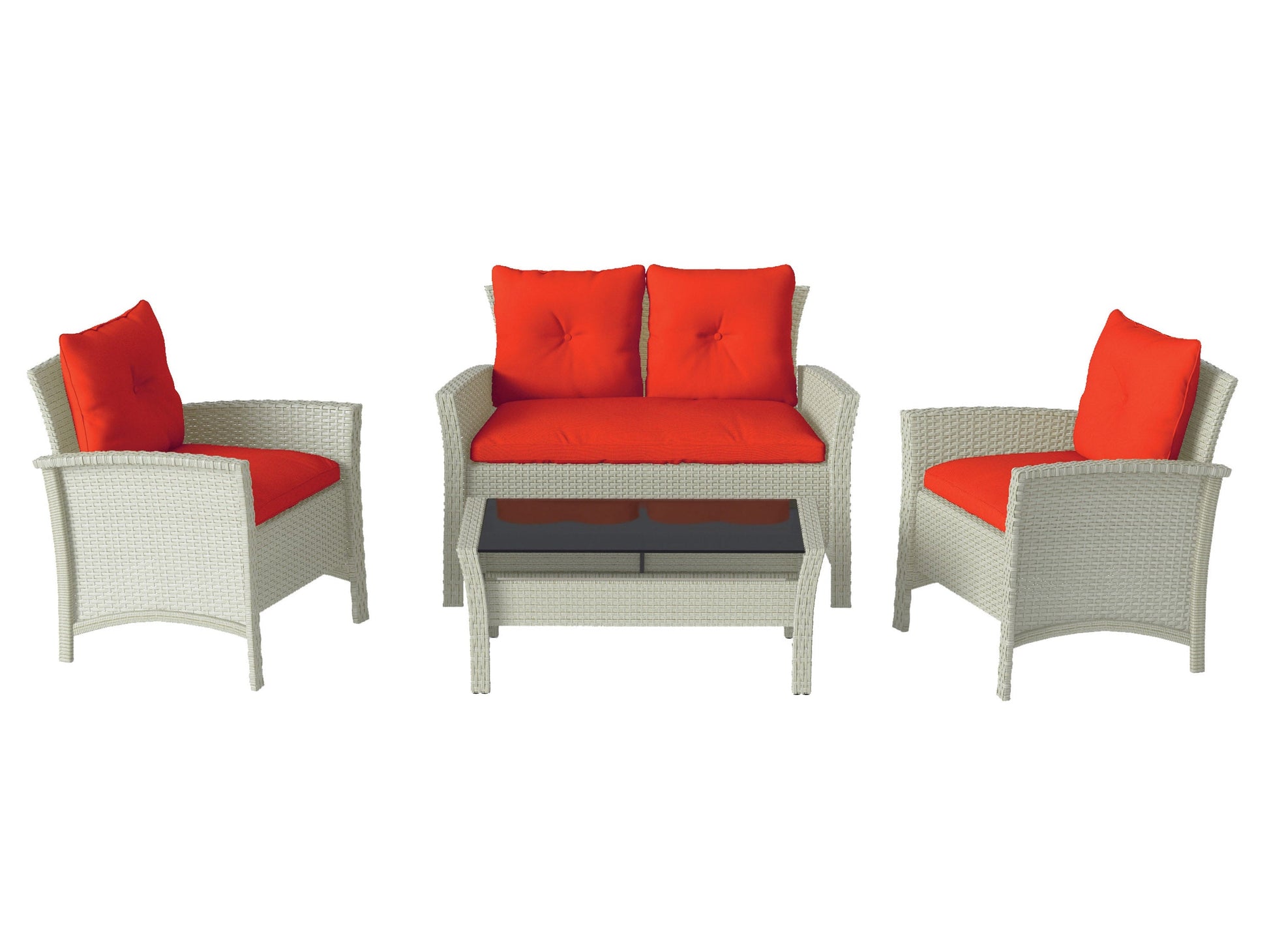 4 piece wicker patio set with red cushions, includes sofa, two chairs, and glass-top coffee table, featuring durable brown wicker and weather-resistant fabric, perfect for outdoor relaxation.