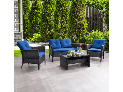 Black and navy blue wicker patio conversation set, 4-piece, includes a loveseat, two armchairs, and a glass-top coffee table, featuring weather-resistant materials and plush cushioned seating for outdoor relaxation.