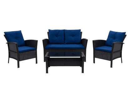 Black and navy blue wicker patio conversation set, 4-piece, includes a loveseat, two armchairs, and a glass-top coffee table, featuring weather-resistant materials and plush cushioned seating for outdoor relaxation.