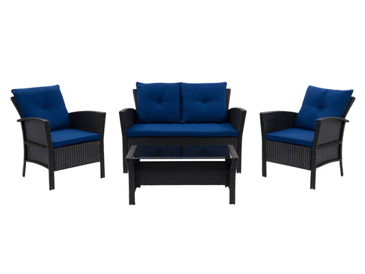 Black and navy blue wicker patio set, 4-piece, with cushions and glass-top table, outdoor furniture.