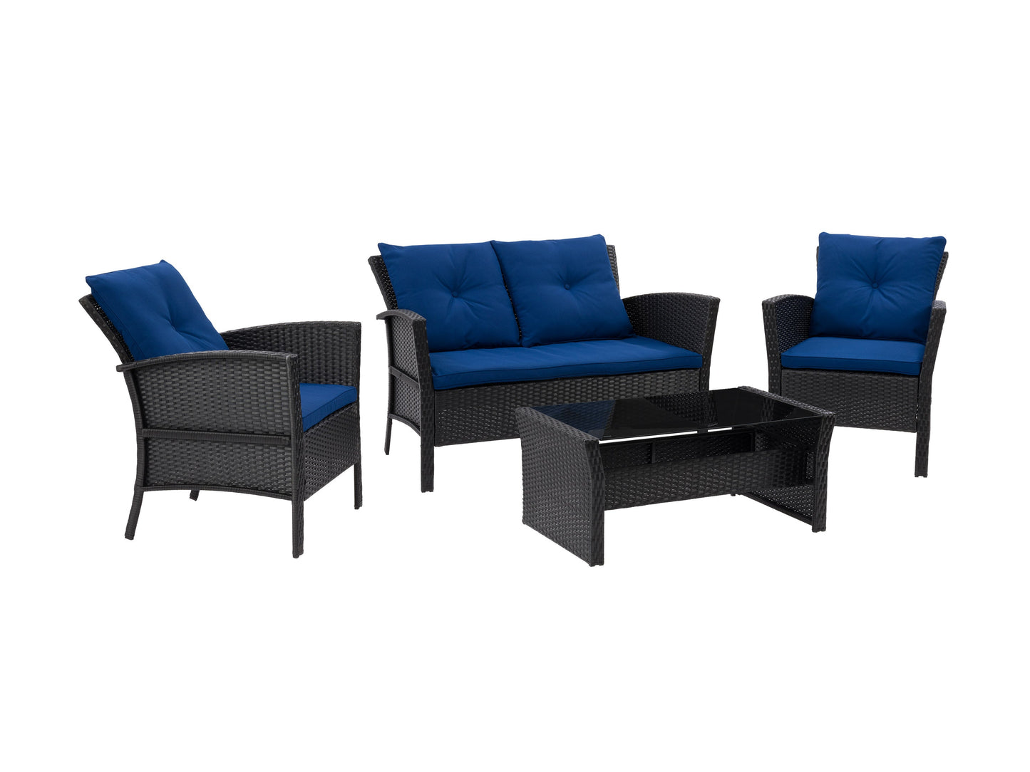 Black and navy blue wicker patio conversation set, 4-piece, includes a loveseat, two armchairs, and a glass-top coffee table, featuring weather-resistant materials and plush cushioned seating for outdoor relaxation.