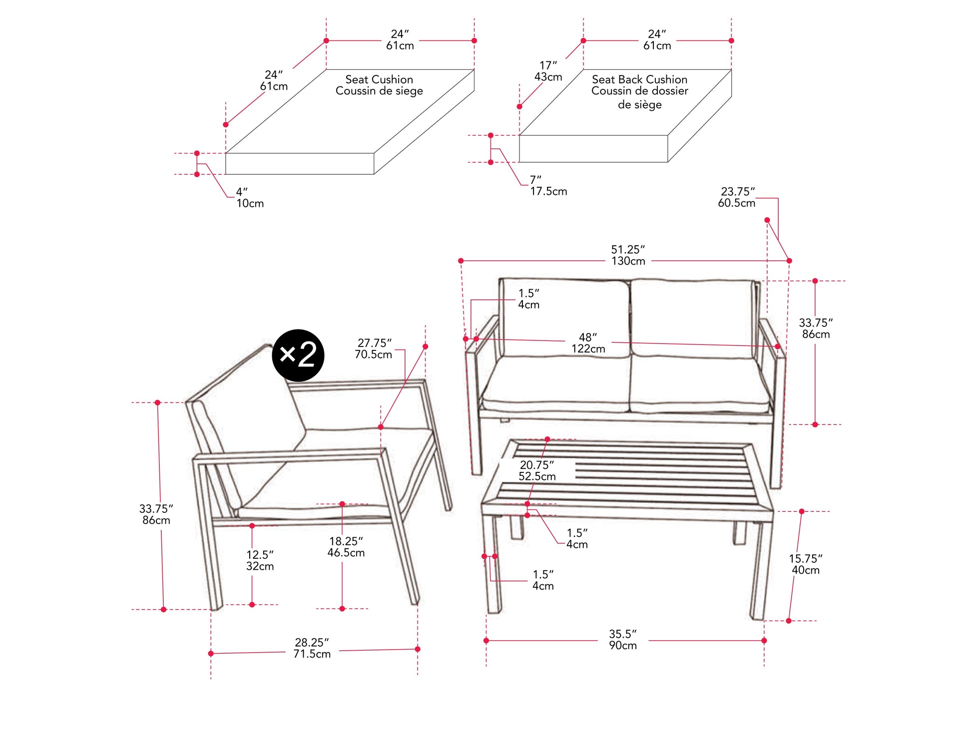 Grey deluxe 4-piece patio conversation set with cushioned seats, including a loveseat, two armchairs, and a glass-top coffee table, featuring weather-resistant wicker and sleek metal frames for outdoor use.