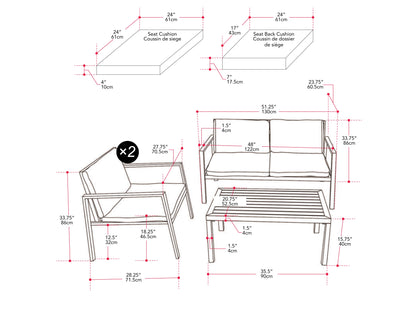 Grey deluxe 4-piece patio conversation set with cushioned seats, including a loveseat, two armchairs, and a glass-top coffee table, featuring weather-resistant wicker and sleek metal frames for outdoor use.