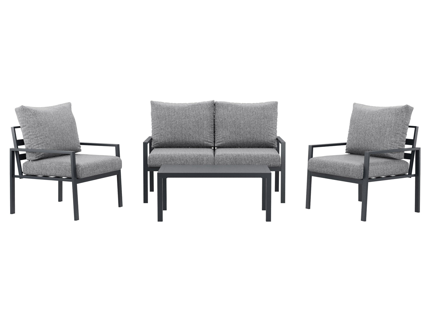 Grey deluxe 4-piece patio conversation set with cushioned seats, including a loveseat, two armchairs, and a glass-top coffee table, featuring weather-resistant wicker and sleek metal frames for outdoor use.