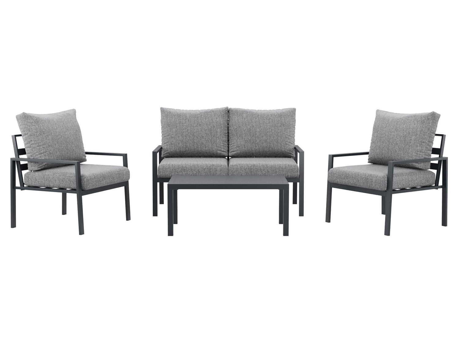 Grey deluxe 4-piece patio conversation set with cushioned seats, including a loveseat, two armchairs, and a glass-top coffee table, featuring weather-resistant wicker and sleek metal frames for outdoor use.