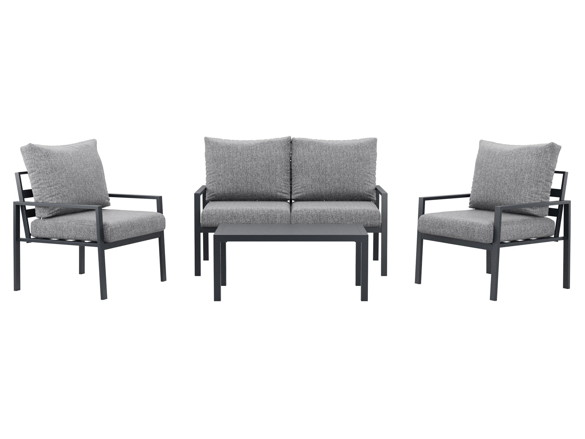 Grey deluxe 4-piece patio conversation set with cushioned seats, including a loveseat, two armchairs, and a glass-top coffee table, featuring weather-resistant wicker and sleek metal frames for outdoor use.