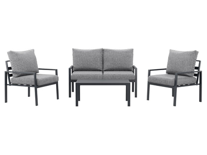 Grey deluxe 4-piece patio conversation set with cushioned seats, including a loveseat, two armchairs, and a glass-top coffee table, featuring weather-resistant wicker and sleek metal frames for outdoor use.