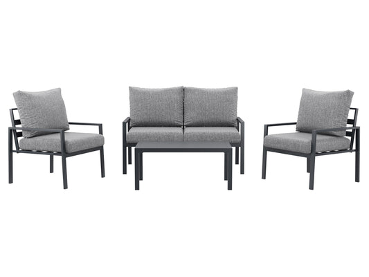 Deluxe grey 4-piece patio conversation set with cushioned seats, glass-top coffee table, and weather-resistant wicker.