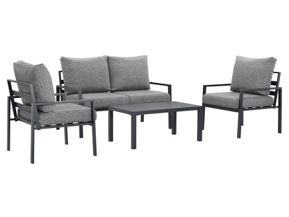 Grey deluxe 4-piece patio conversation set with cushioned seats, including a loveseat, two armchairs, and a glass-top coffee table, featuring weather-resistant wicker and sleek metal frames for outdoor use.