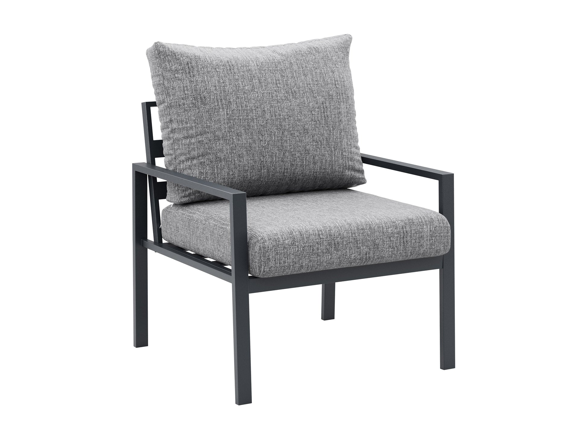 Grey deluxe 4-piece patio conversation set with cushioned seats, including a loveseat, two armchairs, and a glass-top coffee table, featuring weather-resistant wicker and sleek metal frames for outdoor use.