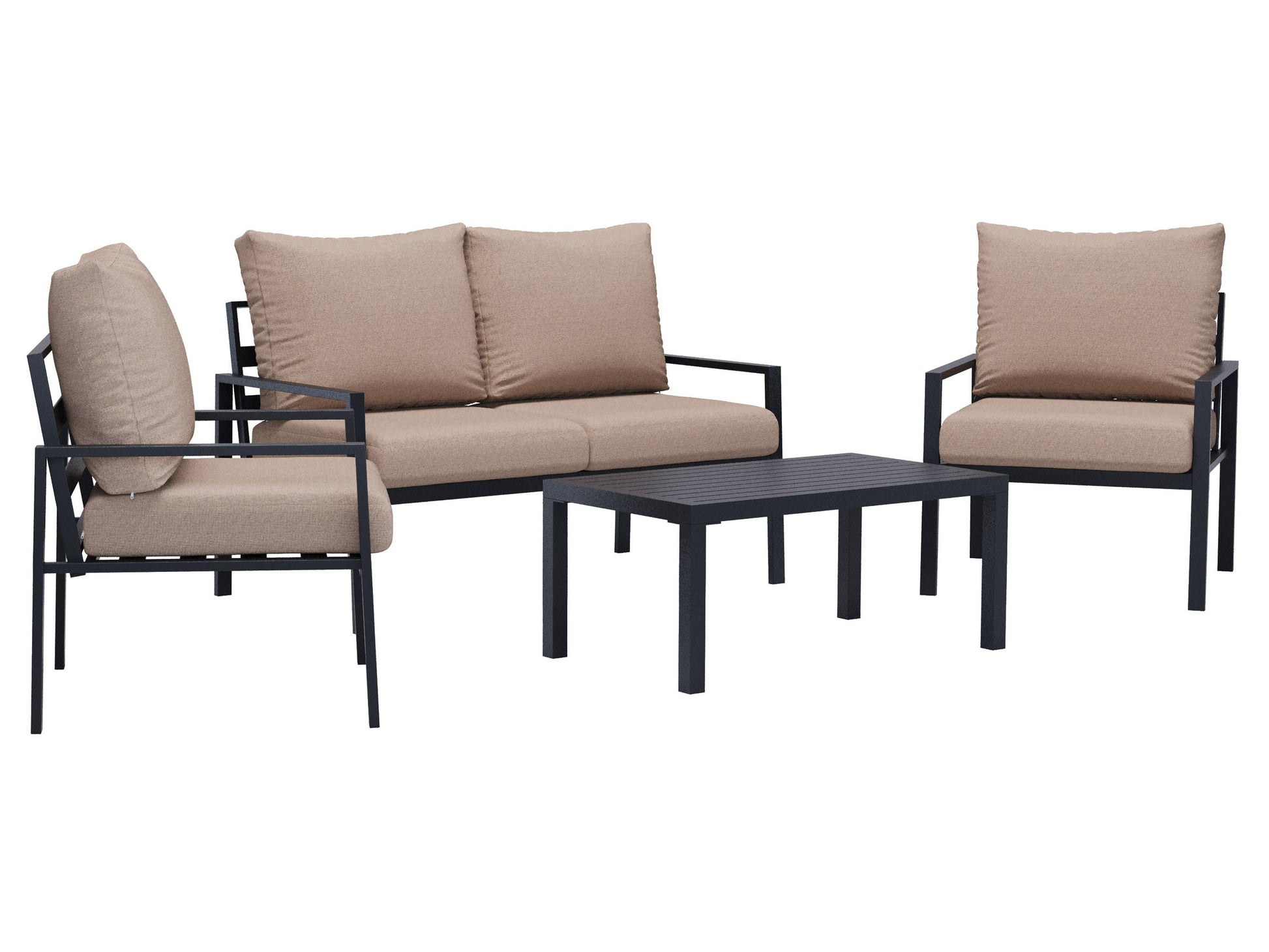 Deluxe 4-piece patio conversation set with beige cushions, dark brown wicker frame, and glass coffee table. Features include weather-resistant material and comfortable seating for outdoor relaxation.