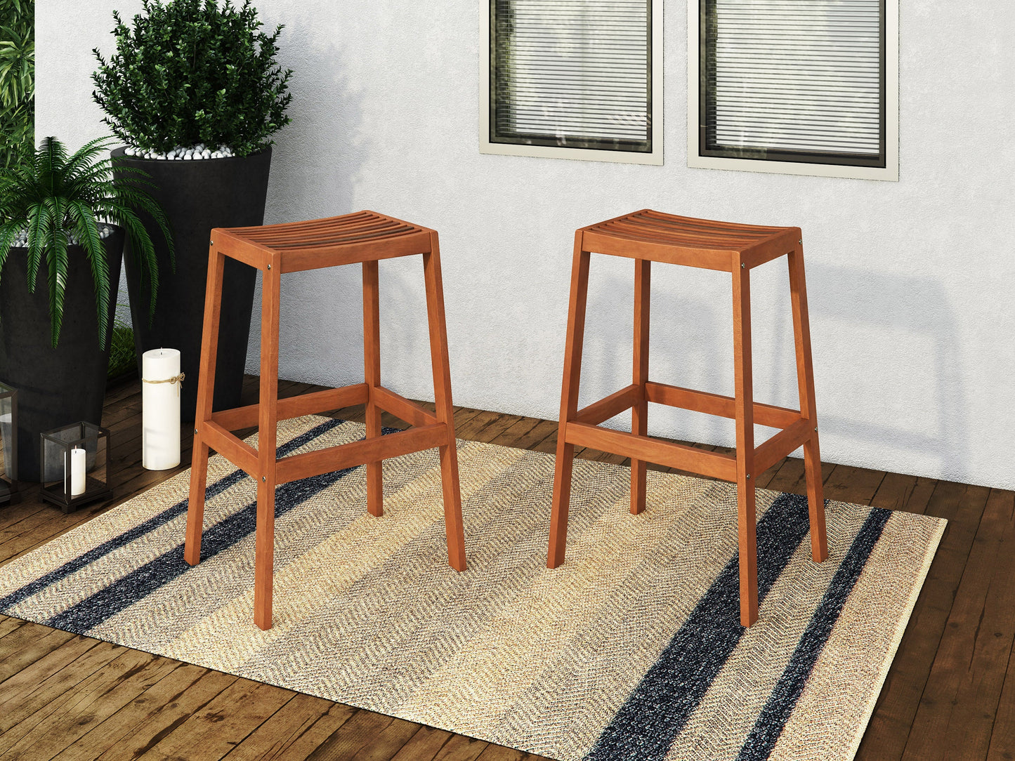 Natural wood patio bar stools set of 2 in brown with slatted backrests, cushioned seats, and sturdy legs, perfect for outdoor seating. Durable and stylish furniture for patios, gardens, or balconies.