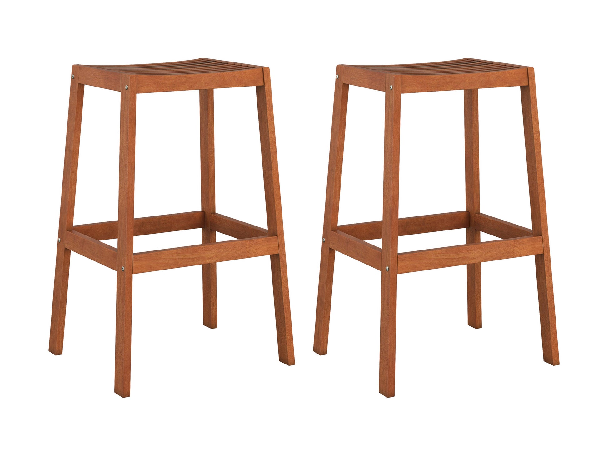 Natural wood patio bar stools set of 2 in brown with slatted backrests, cushioned seats, and sturdy legs, perfect for outdoor seating. Durable and stylish furniture for patios, gardens, or balconies.