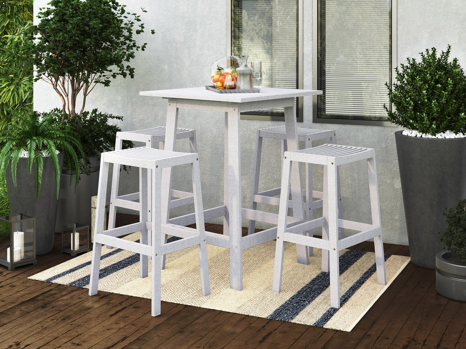 Washed white patio bar set with 5 pieces, including a rectangular table and four matching bar stools, all featuring weather-resistant wood and sleek metal frames, perfect for outdoor entertaining.