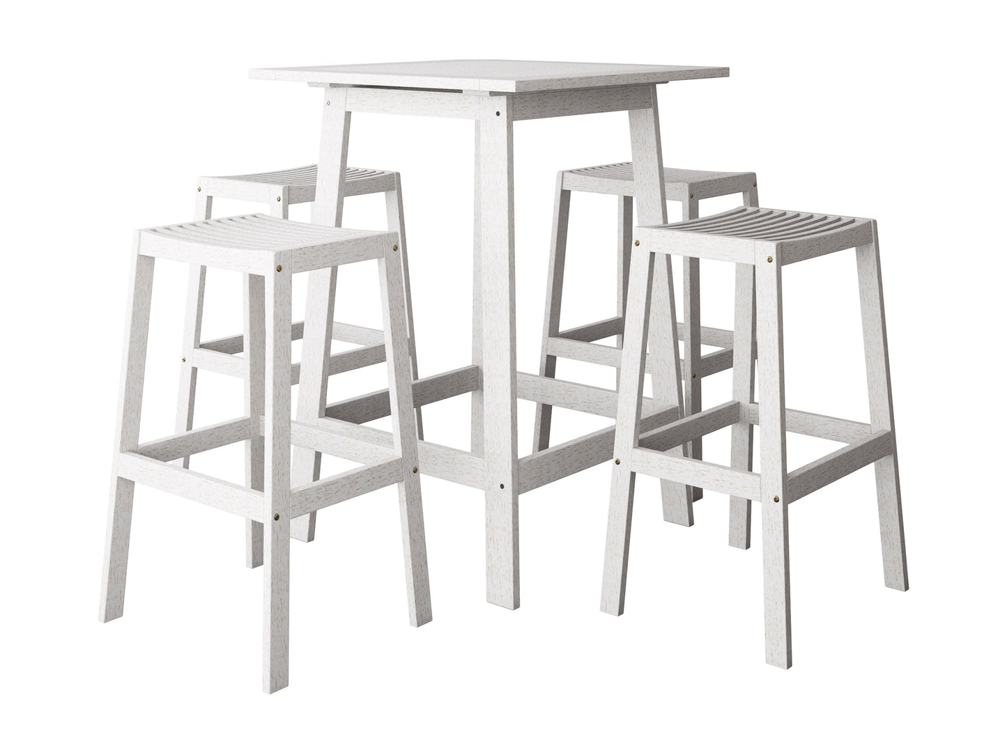 Washed white patio bar set with 5 pieces, including a rectangular table and four matching bar stools, all featuring weather-resistant wood and sleek metal frames, perfect for outdoor entertaining.