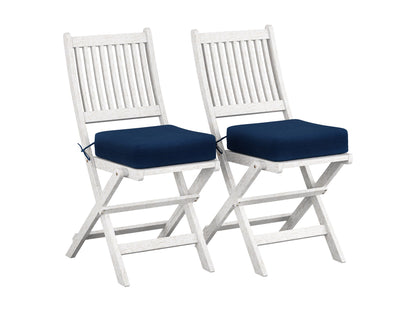 Set of 2 washed white outdoor wood folding chairs with slatted back and seat, featuring durable weather-resistant finish, ideal for patio or garden use.