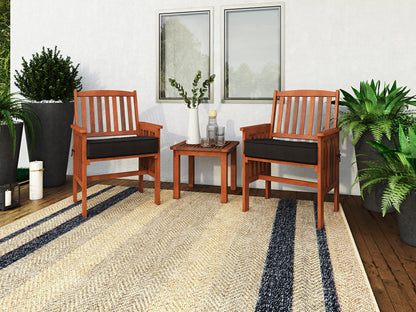 Brown 3 piece patio conversation set with cushioned wicker chairs and glass-top table, featuring weather-resistant materials and modern design for outdoor relaxation.