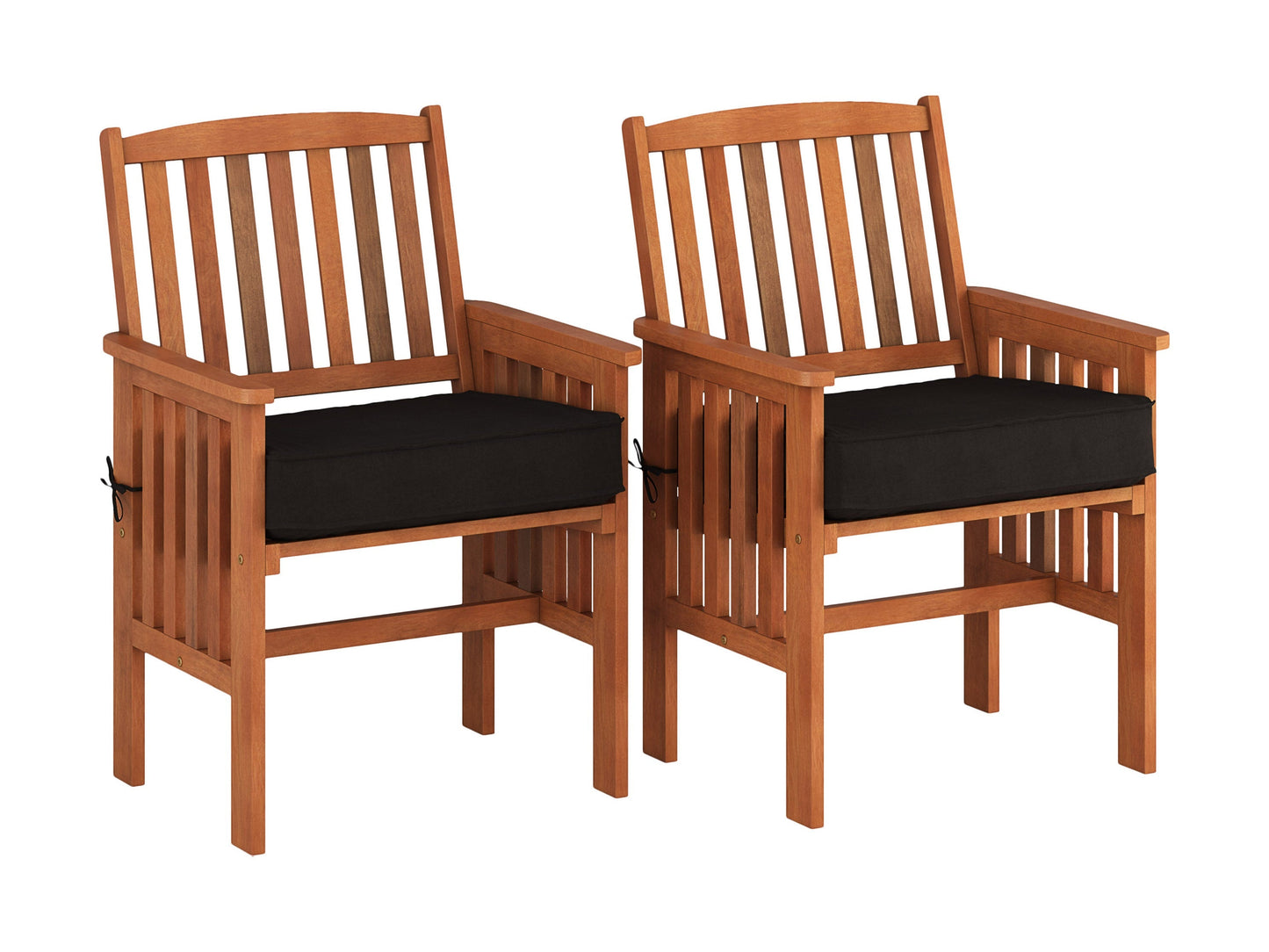 Brown wooden patio conversation set with four pieces, including a loveseat, two armchairs, and a coffee table. Each piece features slatted wood design and beige cushions for comfort. Ideal for outdoor relaxation.