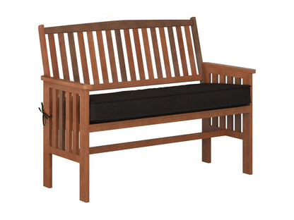 Brown wooden patio conversation set with four pieces, including a loveseat, two armchairs, and a coffee table. Each piece features slatted wood design and beige cushions for comfort. Ideal for outdoor relaxation.