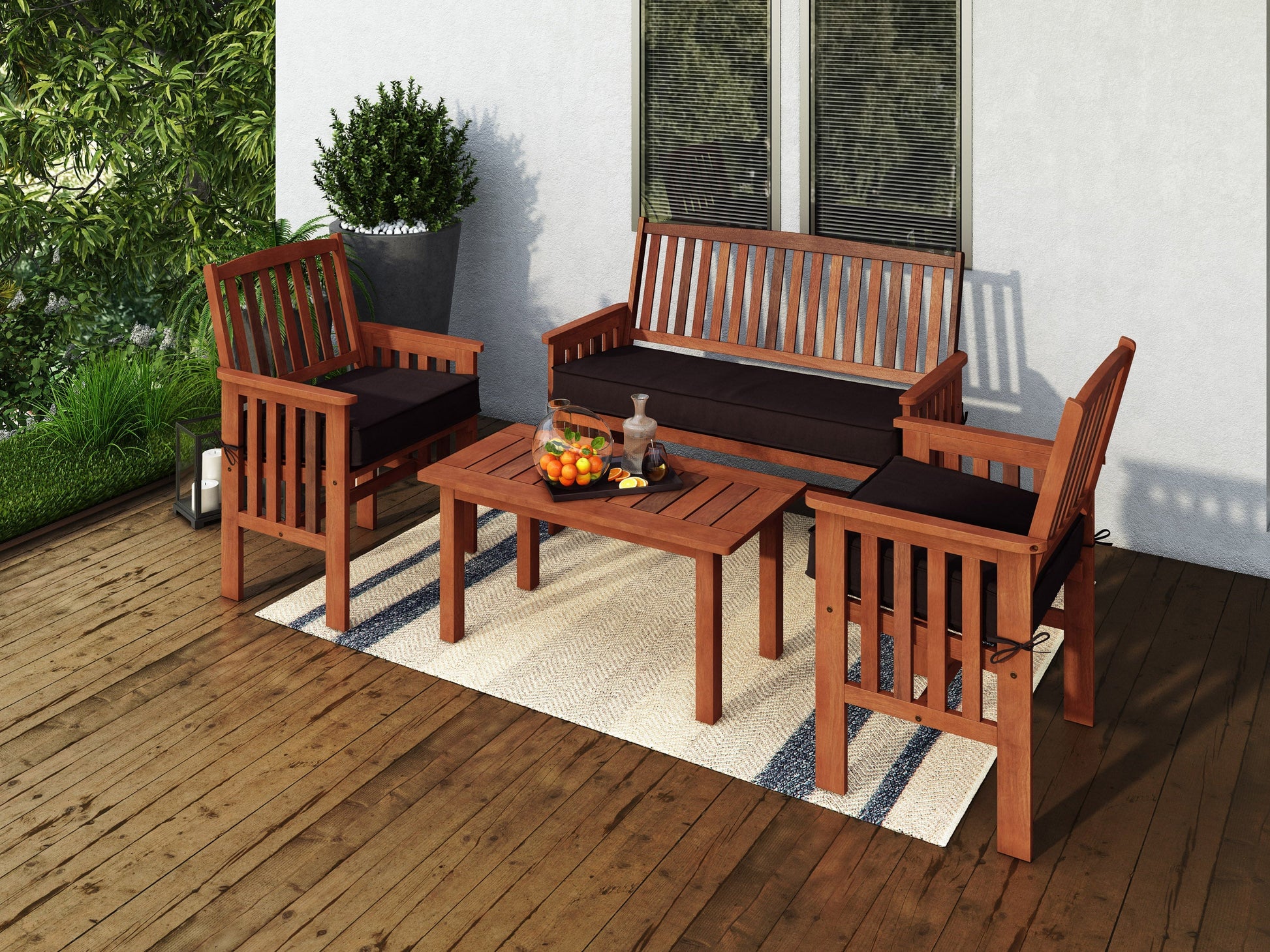 Brown wooden patio conversation set with four pieces, including a loveseat, two armchairs, and a coffee table. Each piece features slatted wood design and beige cushions for comfort. Ideal for outdoor relaxation.