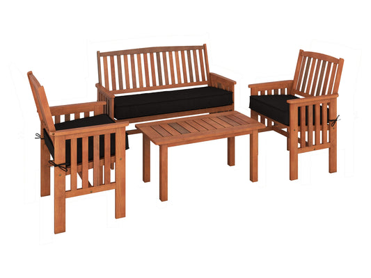 Brown wooden patio conversation set with four pieces, including a loveseat, two armchairs, and a coffee table. Each piece features slatted wood design and beige cushions for comfort. Ideal for outdoor relaxation.