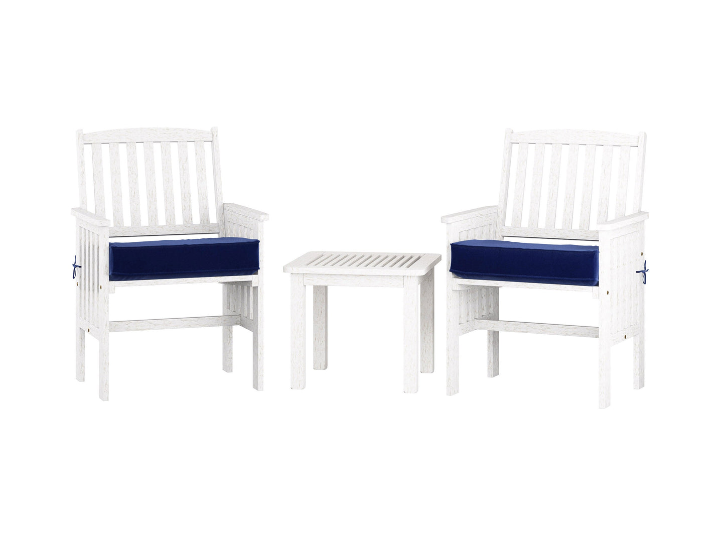 Washed white 3 piece patio conversation set with two cushioned chairs and a glass-top coffee table, featuring weather-resistant wicker and soft beige cushions, perfect for outdoor relaxation.