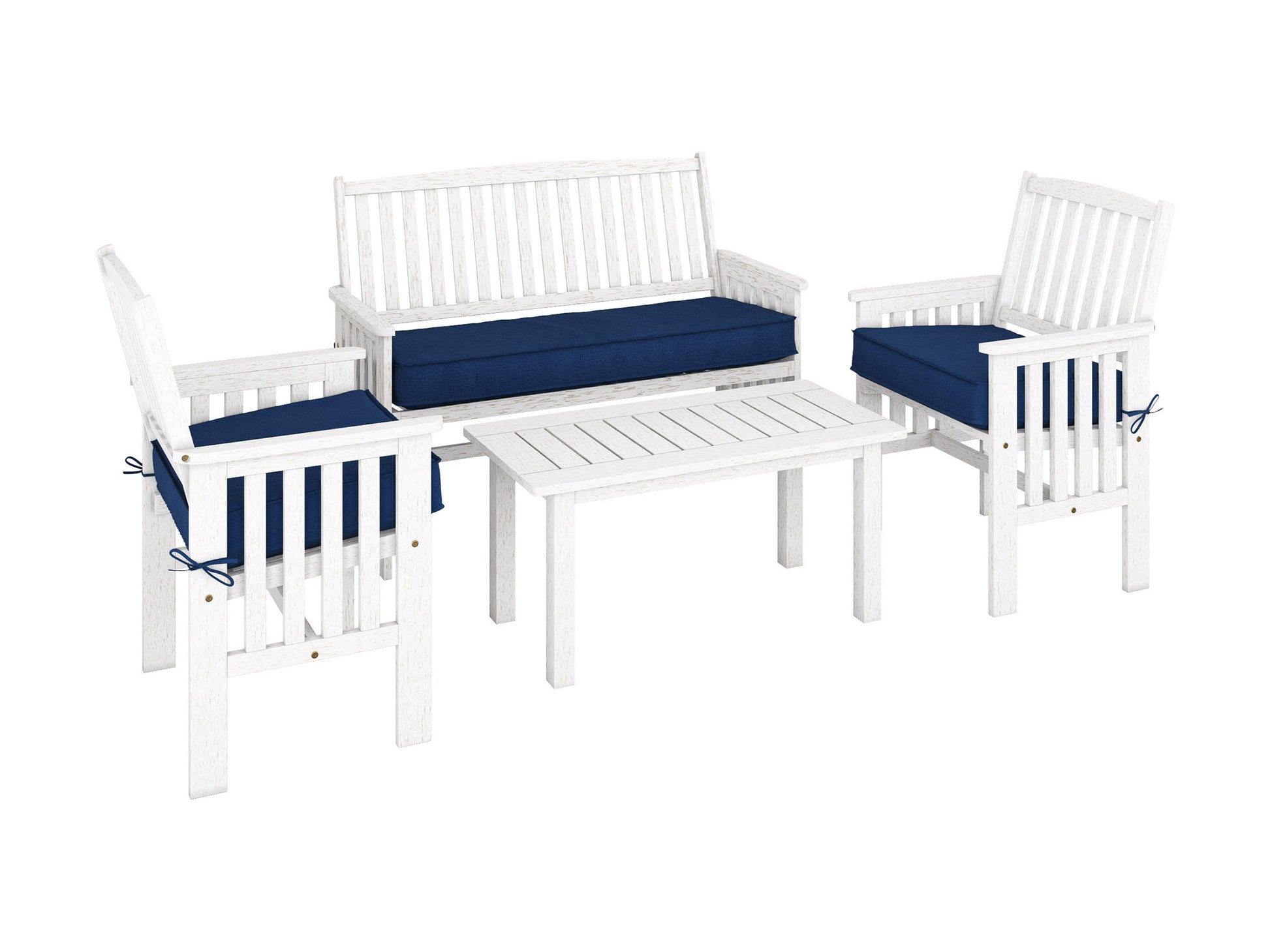 Washed white wooden patio conversation set includes a loveseat, two armchairs with beige cushions, and a rectangular coffee table. Features a rustic finish, slatted backs, and weather-resistant materials for outdoor use.