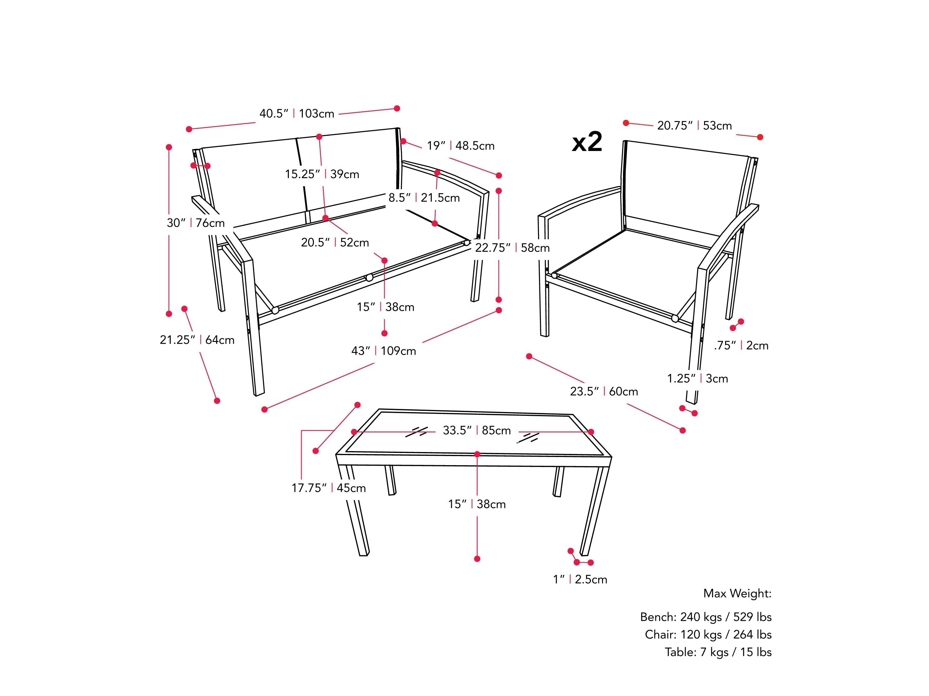 Grey metal outdoor conversation set with four pieces, including a loveseat, two chairs, and a coffee table. Features weather-resistant cushions and sleek, modern design ideal for patio or garden use.