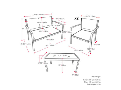 Grey metal outdoor conversation set with four pieces, including a loveseat, two chairs, and a coffee table. Features weather-resistant cushions and sleek, modern design ideal for patio or garden use.