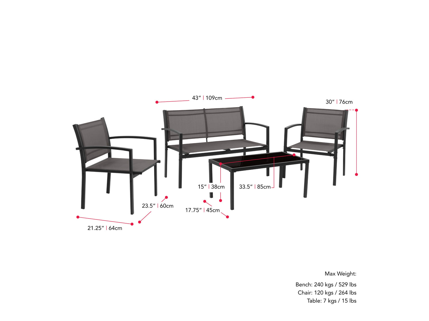 Grey metal outdoor conversation set with four pieces, including a loveseat, two chairs, and a coffee table. Features weather-resistant cushions and sleek, modern design ideal for patio or garden use.