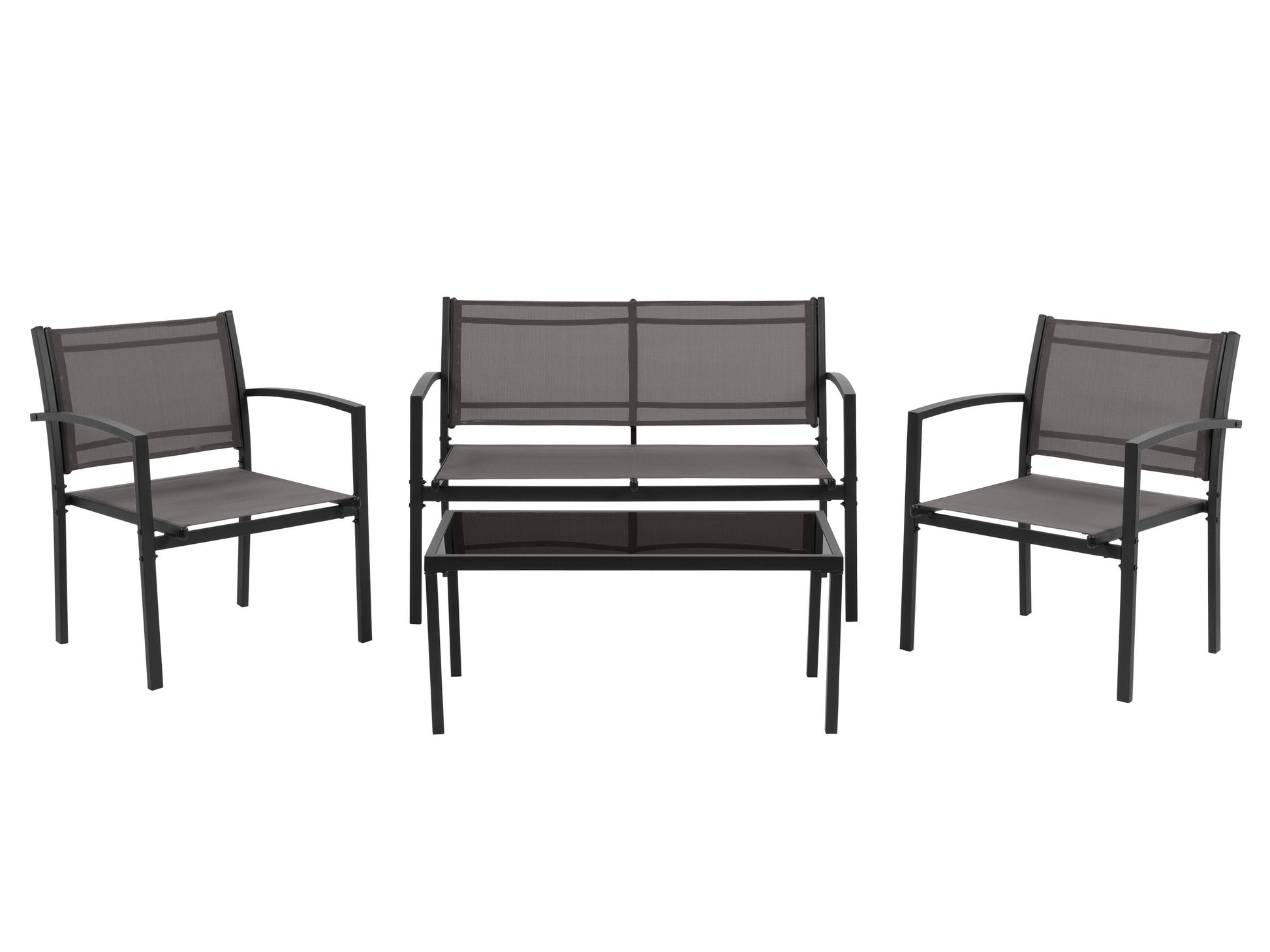 Grey metal outdoor conversation set with four pieces, including a loveseat, two chairs, and a coffee table. Features weather-resistant cushions and sleek, modern design ideal for patio or garden use.