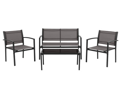 Grey metal outdoor conversation set with four pieces, including a loveseat, two chairs, and a coffee table. Features weather-resistant cushions and sleek, modern design ideal for patio or garden use.