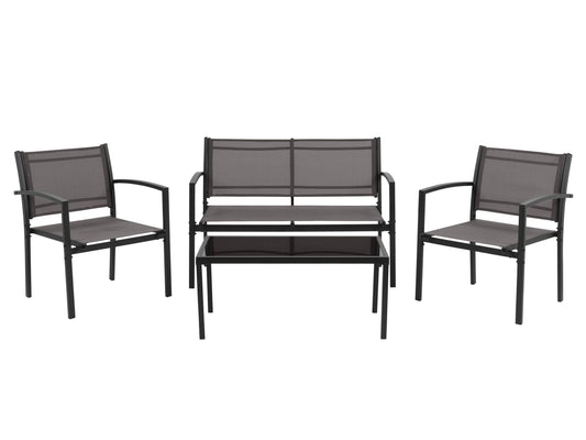 4-piece grey metal patio conversation set with cushioned seating and modern design for outdoor spaces.