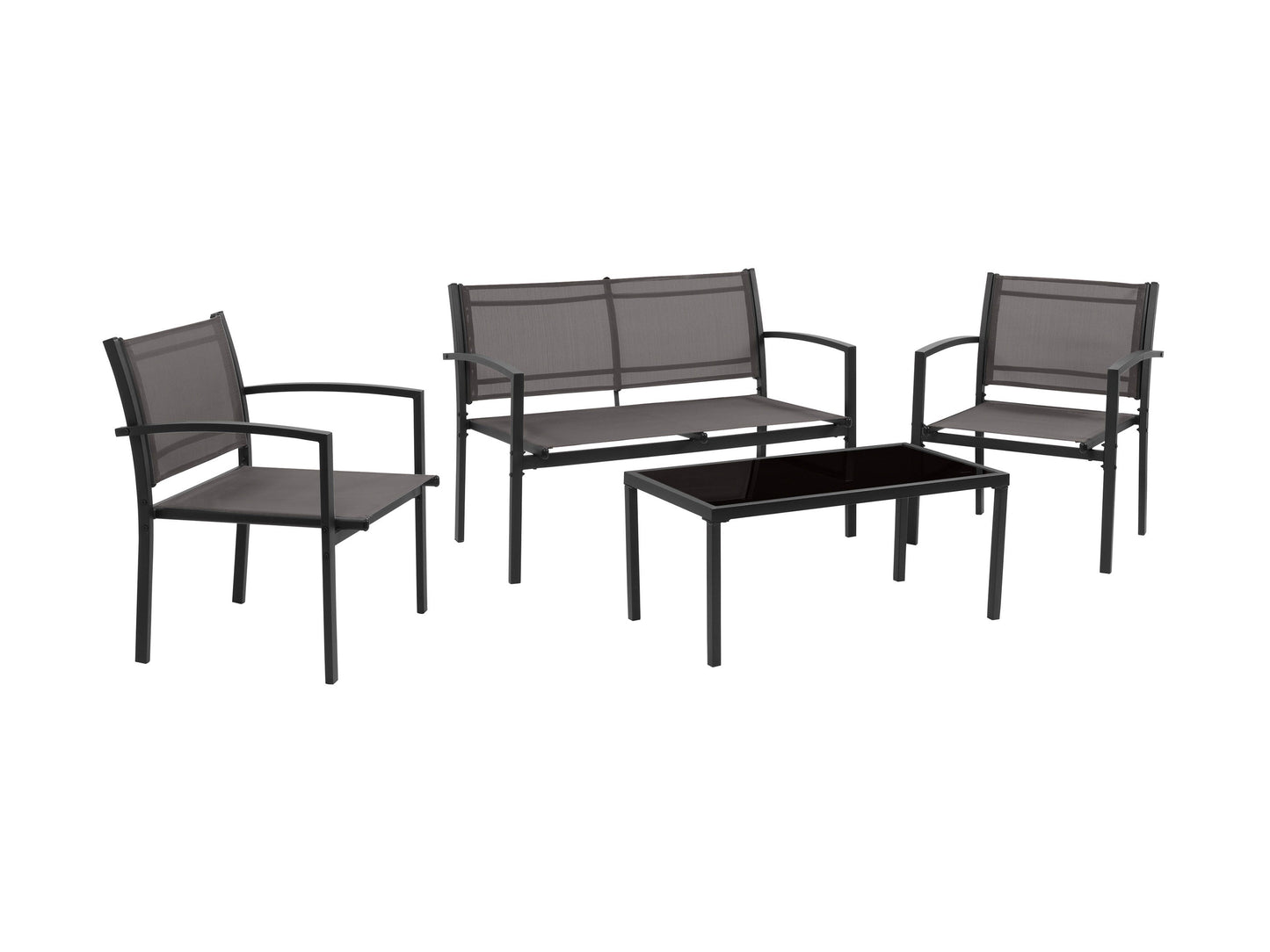 Grey metal outdoor conversation set with four pieces, including a loveseat, two chairs, and a coffee table. Features weather-resistant cushions and sleek, modern design ideal for patio or garden use.