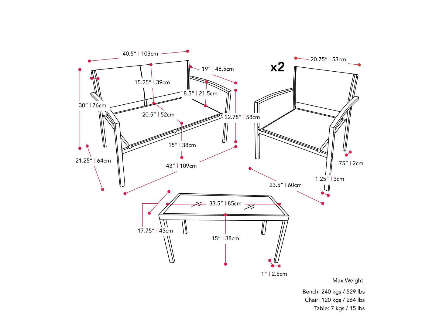 Red metal outdoor conversation set with four pieces, including two chairs, a loveseat, and a coffee table with tempered glass top. Cushions are weather-resistant with a textured finish, perfect for patio or garden use.