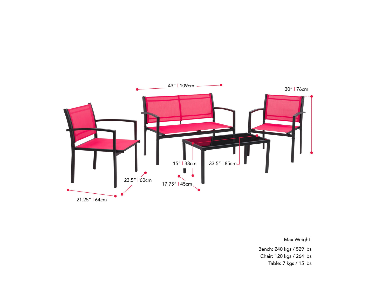 Red metal outdoor conversation set with four pieces, including two chairs, a loveseat, and a coffee table with tempered glass top. Cushions are weather-resistant with a textured finish, perfect for patio or garden use.