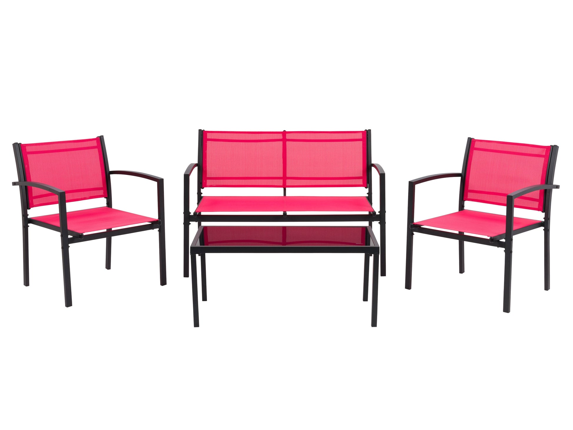 Red metal outdoor conversation set with four pieces, including two chairs, a loveseat, and a coffee table with tempered glass top. Cushions are weather-resistant with a textured finish, perfect for patio or garden use.