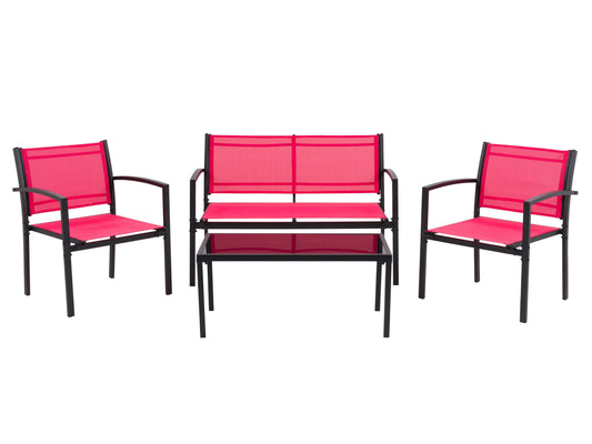 Red metal outdoor conversation set with cushioned seats, 4-piece patio furniture for garden or deck.