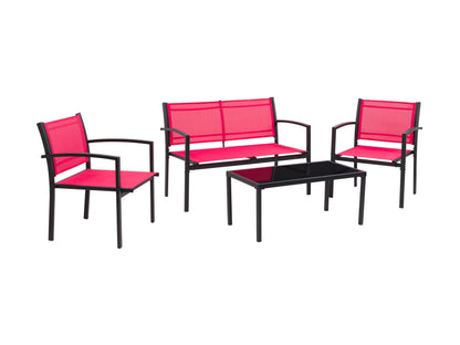 Red metal outdoor conversation set with four pieces, including two chairs, a loveseat, and a coffee table with tempered glass top. Cushions are weather-resistant with a textured finish, perfect for patio or garden use.