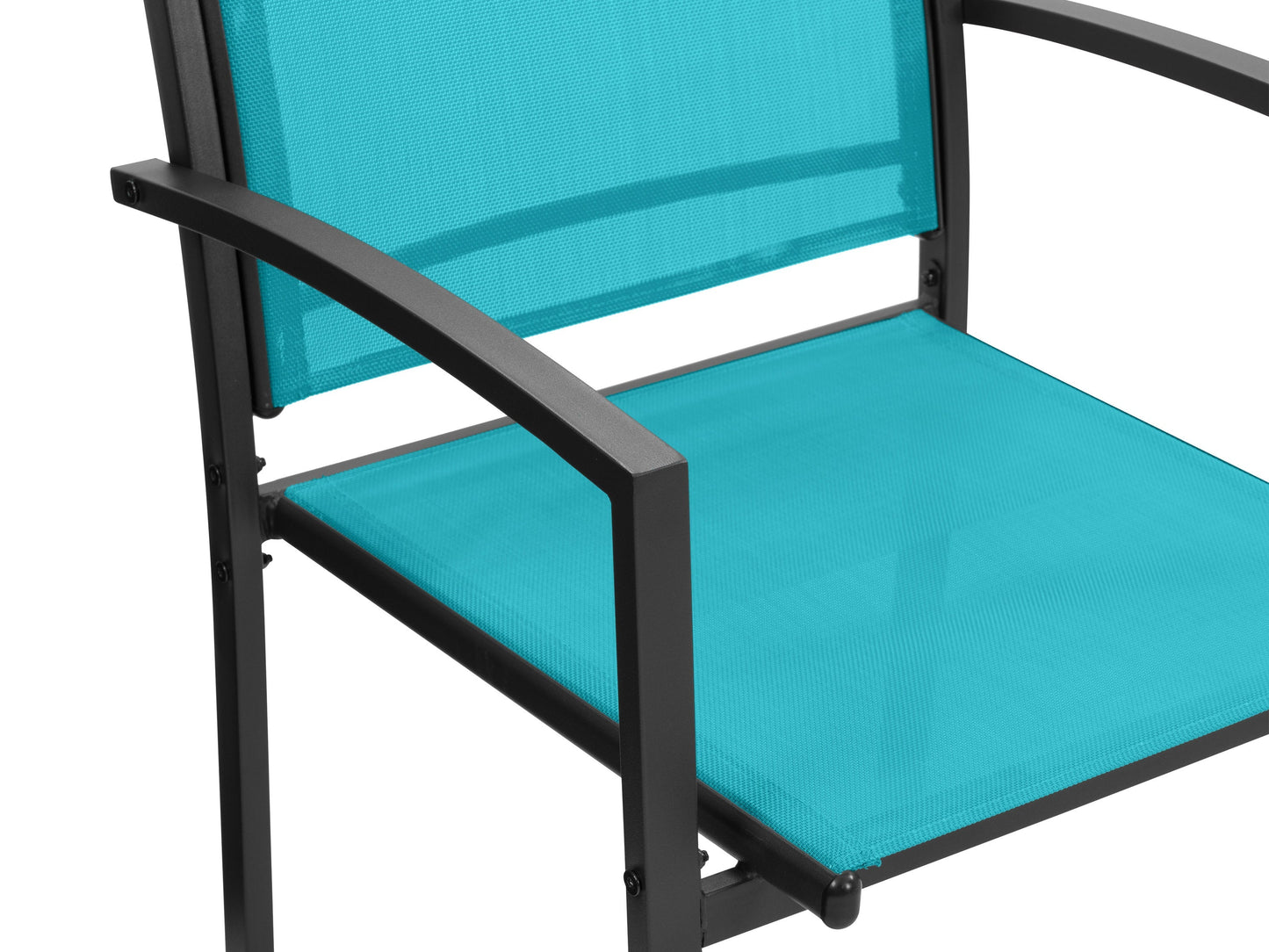 Teal metal outdoor conversation set with 4 pieces, including a loveseat, two armchairs, and a coffee table. Features weather-resistant cushions, sleek metal frames, and a modern design perfect for patios or gardens.