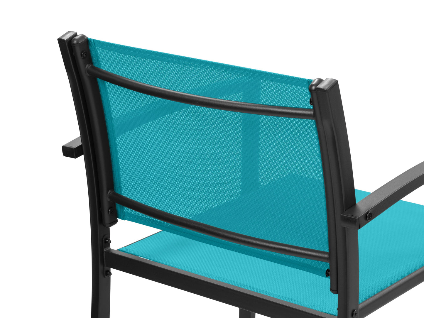 Teal metal outdoor conversation set with 4 pieces, including a loveseat, two armchairs, and a coffee table. Features weather-resistant cushions, sleek metal frames, and a modern design perfect for patios or gardens.