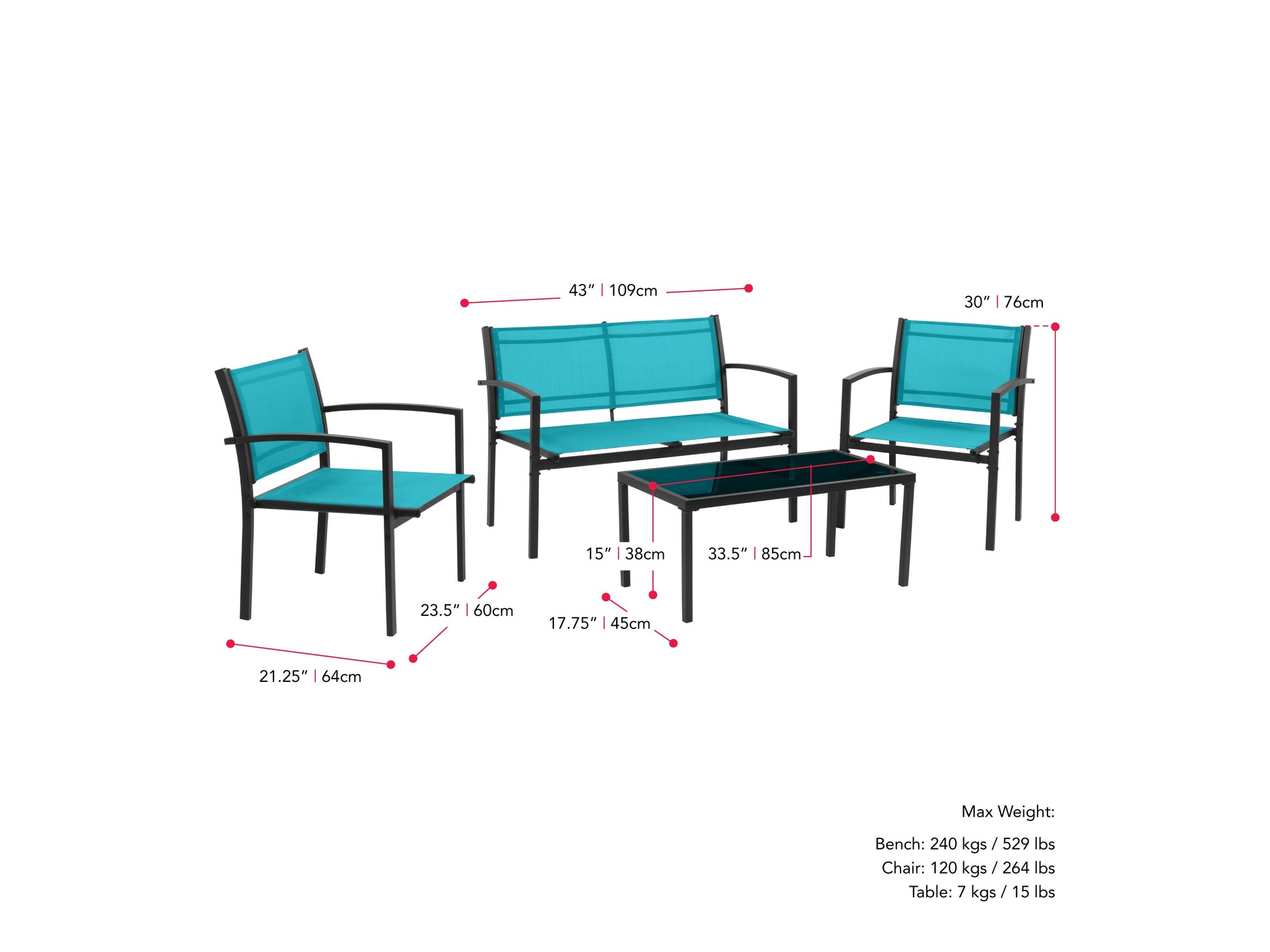 Teal metal outdoor conversation set with 4 pieces, including a loveseat, two armchairs, and a coffee table. Features weather-resistant cushions, sleek metal frames, and a modern design perfect for patios or gardens.