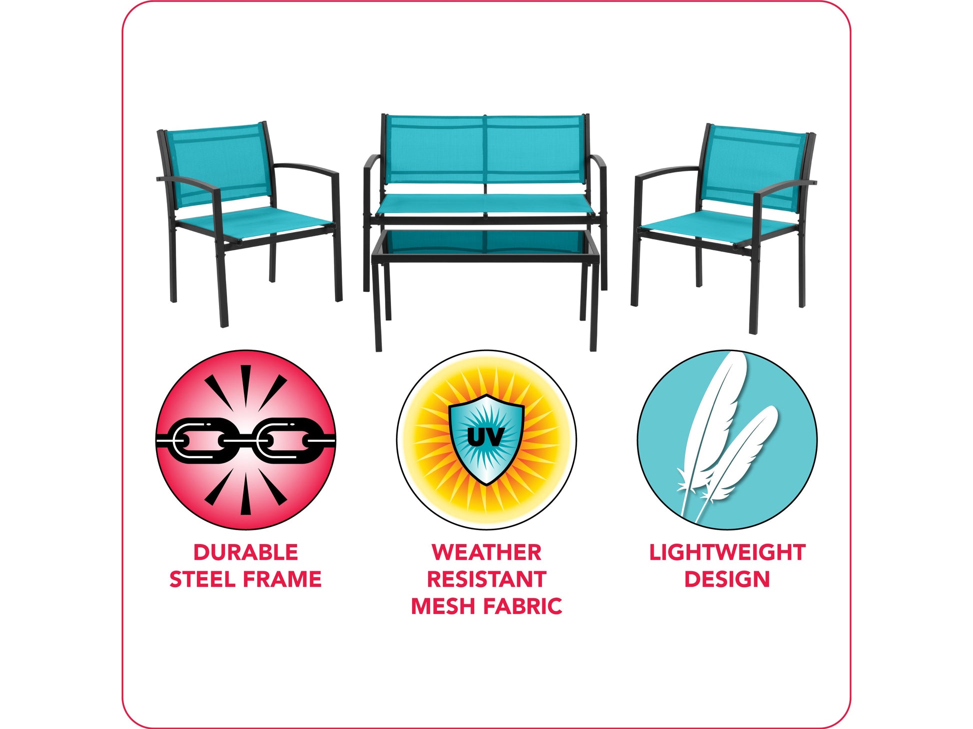 Teal metal outdoor conversation set with 4 pieces, including a loveseat, two armchairs, and a coffee table. Features weather-resistant cushions, sleek metal frames, and a modern design perfect for patios or gardens.