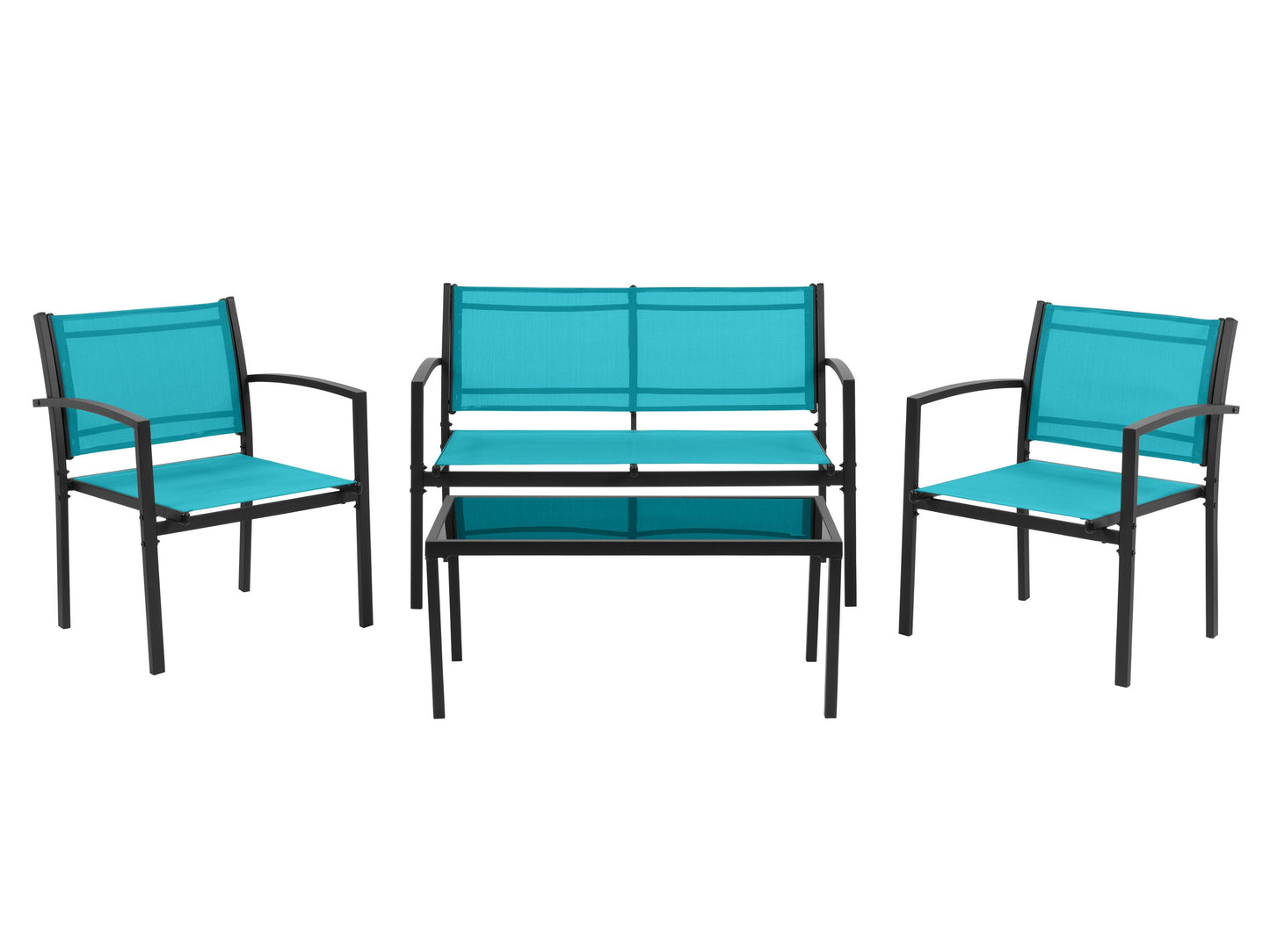 Teal metal outdoor conversation set with 4 pieces, including a loveseat, two armchairs, and a coffee table. Features weather-resistant cushions, sleek metal frames, and a modern design perfect for patios or gardens.