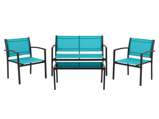 Teal metal patio conversation set, 4-piece, with cushions and modern design for outdoor spaces.