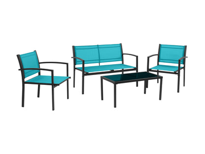 Teal metal outdoor conversation set with 4 pieces, including a loveseat, two armchairs, and a coffee table. Features weather-resistant cushions, sleek metal frames, and a modern design perfect for patios or gardens.