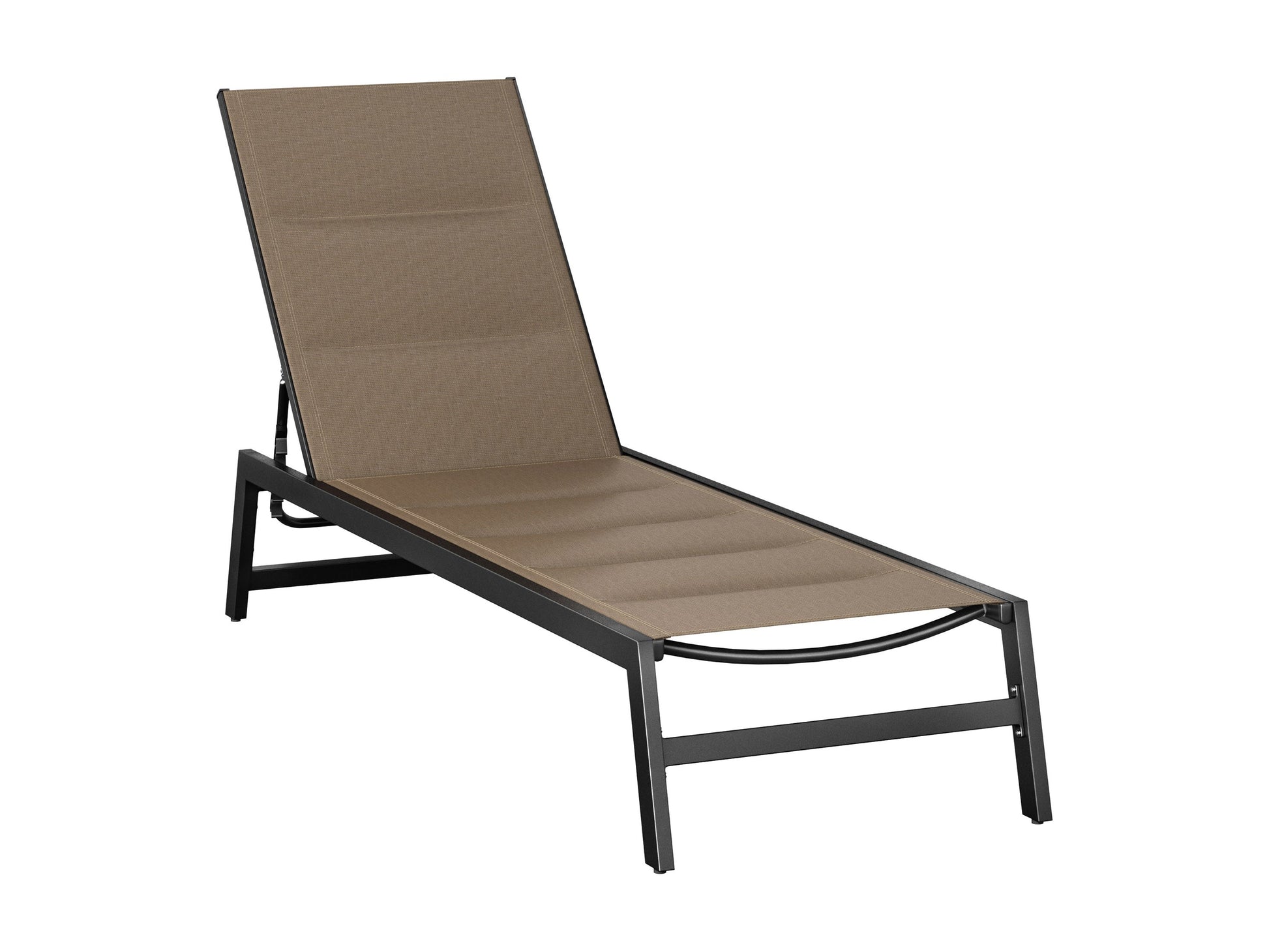 Taupe reclining patio lounge chair with plush cushion, featuring a durable metal frame and weather-resistant fabric, perfect for outdoor relaxation and comfort.