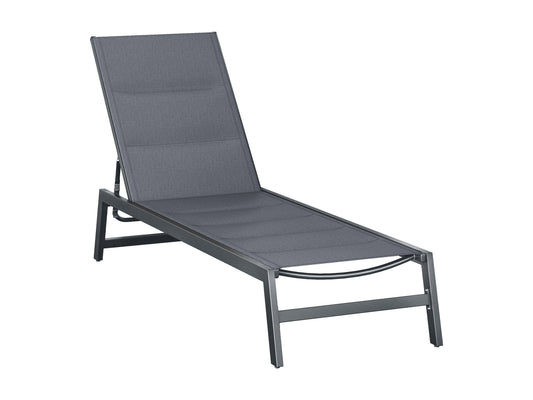 Grey reclining patio lounge chair with cushioned seat and backrest, featuring weather-resistant fabric, adjustable reclining positions, and a sleek modern design perfect for outdoor relaxation.