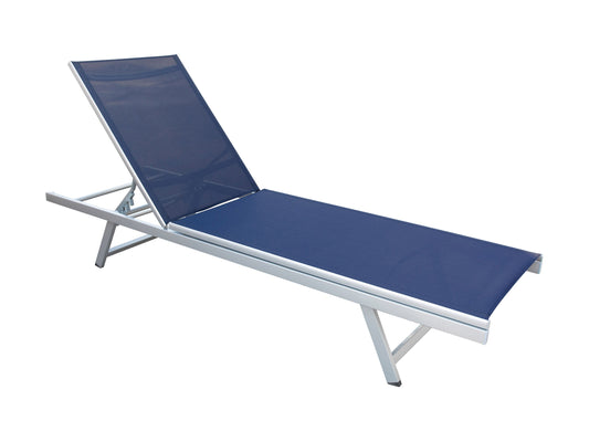 Blue patio recliner lounge chair with plush cushioning, ergonomic design, and durable metal frame. Features adjustable backrest and weather-resistant fabric, perfect for outdoor relaxation.