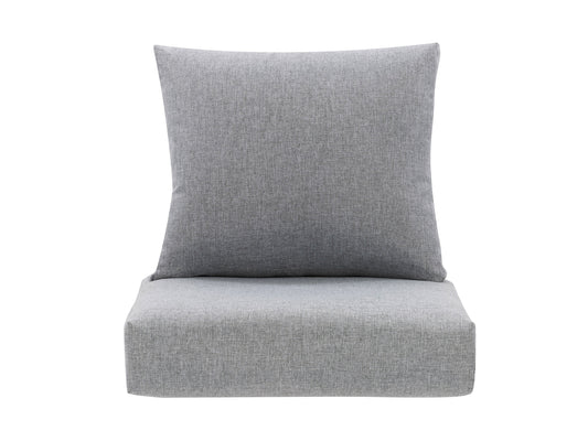 Grey patio replacement cushion set, 2-piece, featuring a single chair cushion with durable fabric, weather-resistant material, and plush padding for outdoor comfort. Ideal for rejuvenating patio furniture.